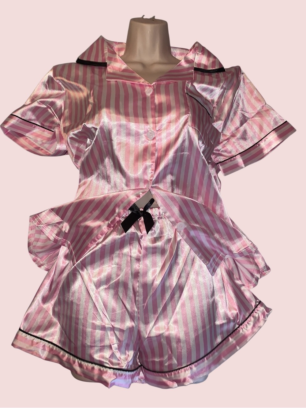 Pink Striped Satin Pajama Set with Black Trim NWOT